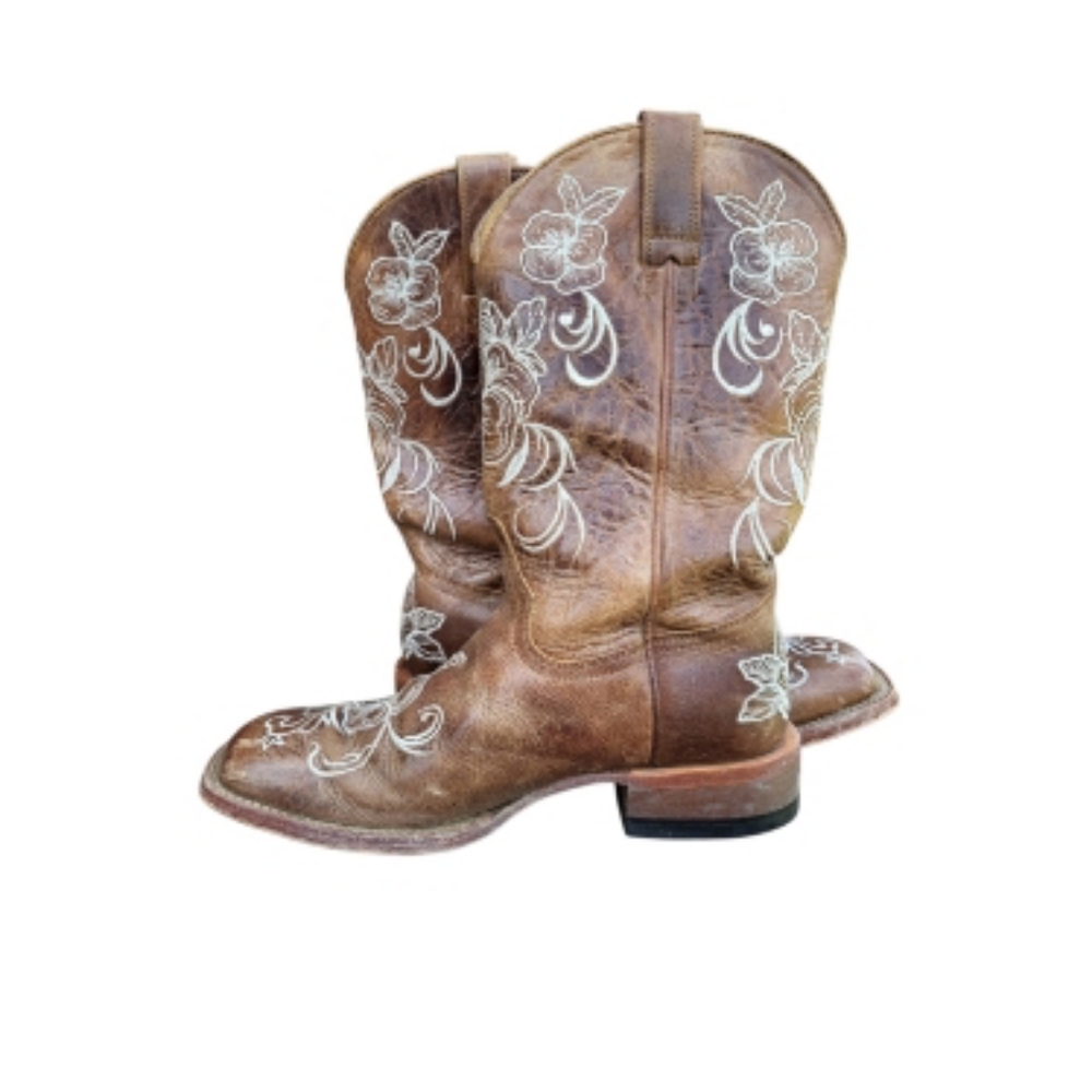 Shyanne Lasy Floral Embroider Broad Square Toe Leather Cowboy Boot Brow Women 10 - Picture 2 of 16